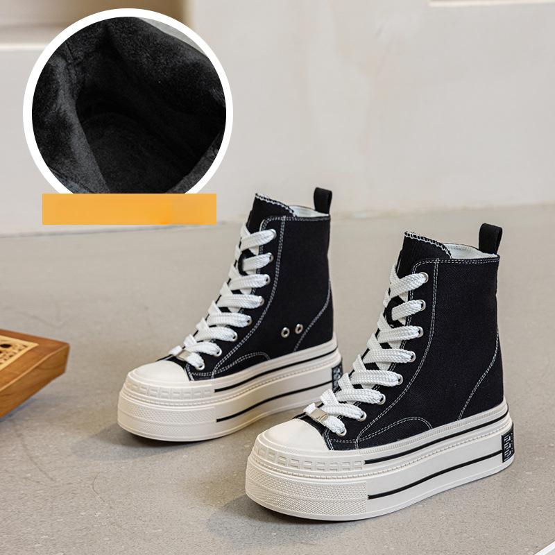 12CM Women's Canvas High Top Sneakers Casual Lace Up Sneakers For Woman Spring Autumn Shoes Winter Warm High Heels Sneaker Shoes