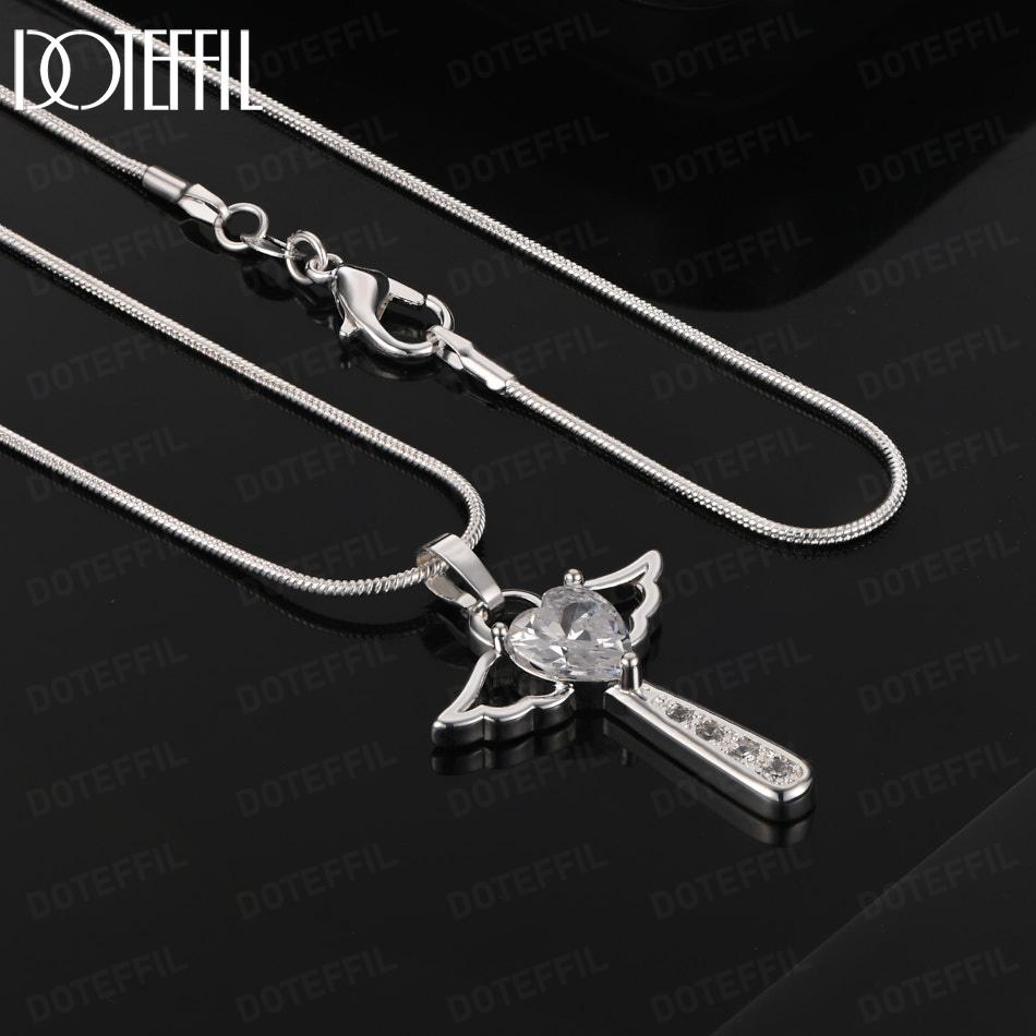 925 Sterling Silver Fashion Jewelry Heart-Shaped AAA Zircon Cross Pendant Necklace 45CM