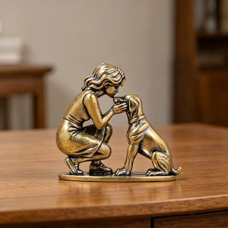 Messing Mädchen Hund Figur Haus Schreibtisch Ornament Retro Figur Kleine Dekorationshandwerke Kreative Dekoration
