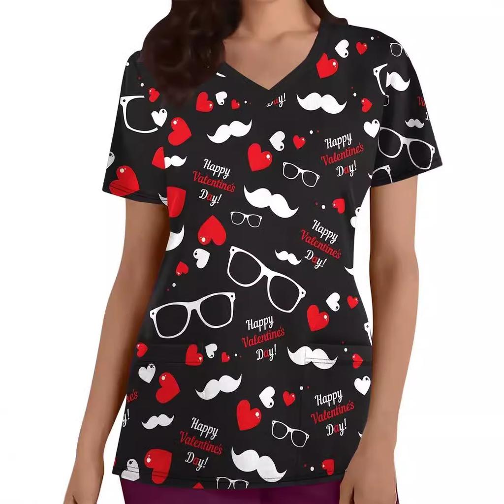 Romantic Pink Butterfly 3D Digital Print Women's Pocket V-neck Pullover Short Sleeved T-shirt Hospital Protective Apparel