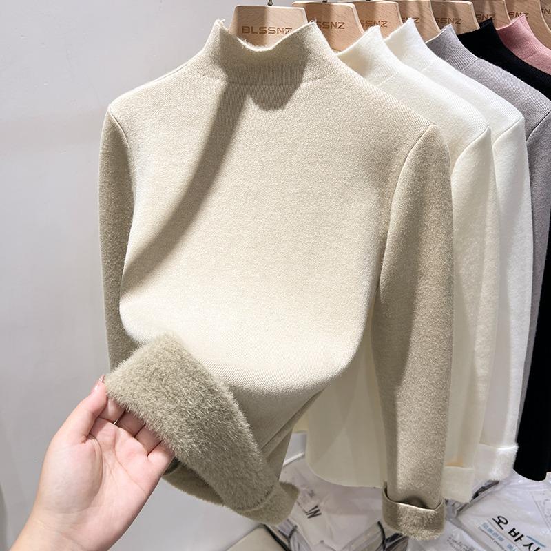 Autumn Half High Collar Slim Fit Warm Knitted Sweater Women Fashion Winter Thick Velvet Base Pullover Sweaters for Women Casual Plush Knitwears 24886