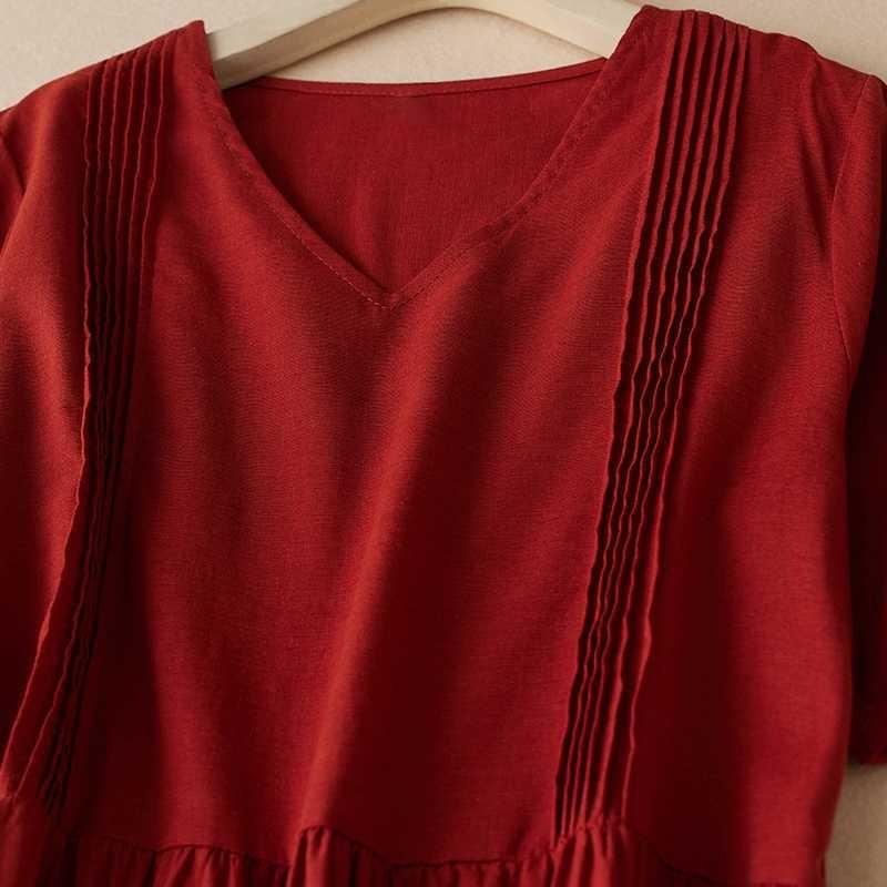 Cotton and linen short sleeved dress for summer women