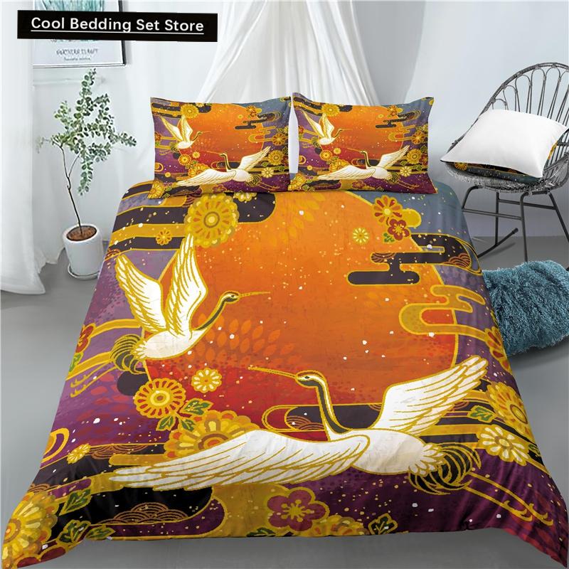 Kranich Gedrucktes Bettwäscheset 3D Rote Japanische Kirschblüten Bettbezug King Queen Größe Floral Wolke 2/3tlg. Polyester Steppdeckenbezug