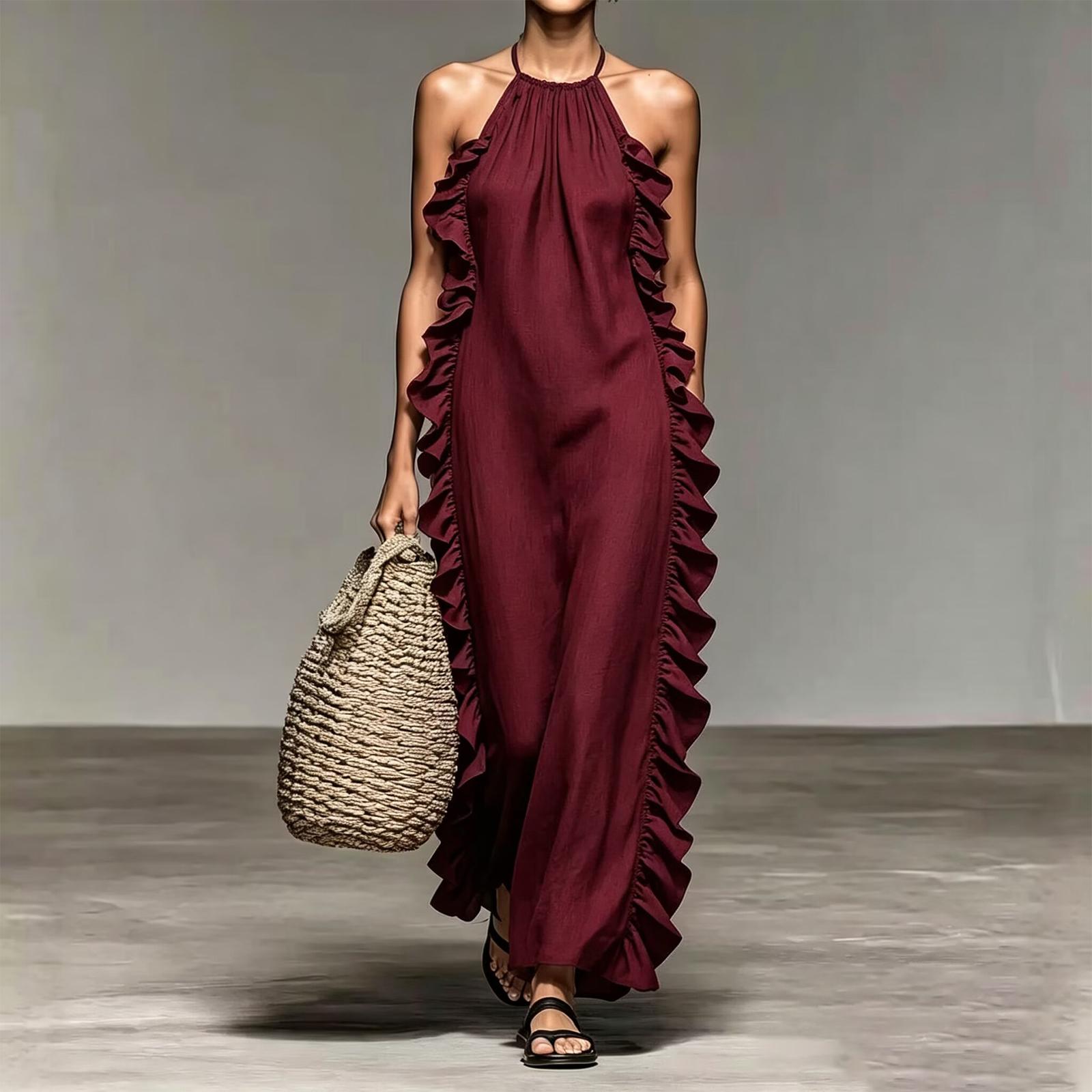 

Women’s Sleeveless Ruffle Hem Backless Maxi Dress with Tie Waist and Crew Neck for Casual Holiday Beach Outfits XL винный