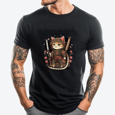 Cute Samurai Cat Japanese Shogun Cat Plain T Shirts Wholesale Mens Gifts Chinese Style T Shirts For Men Illustration