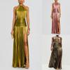 Women's Olive Green Metallic Halter Neck Bodycon Slit Dress