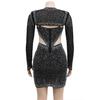 C6312 Fashion Women's Mesh Hot Drilling Solid Color Long Sleeve Short Skirt Dress
