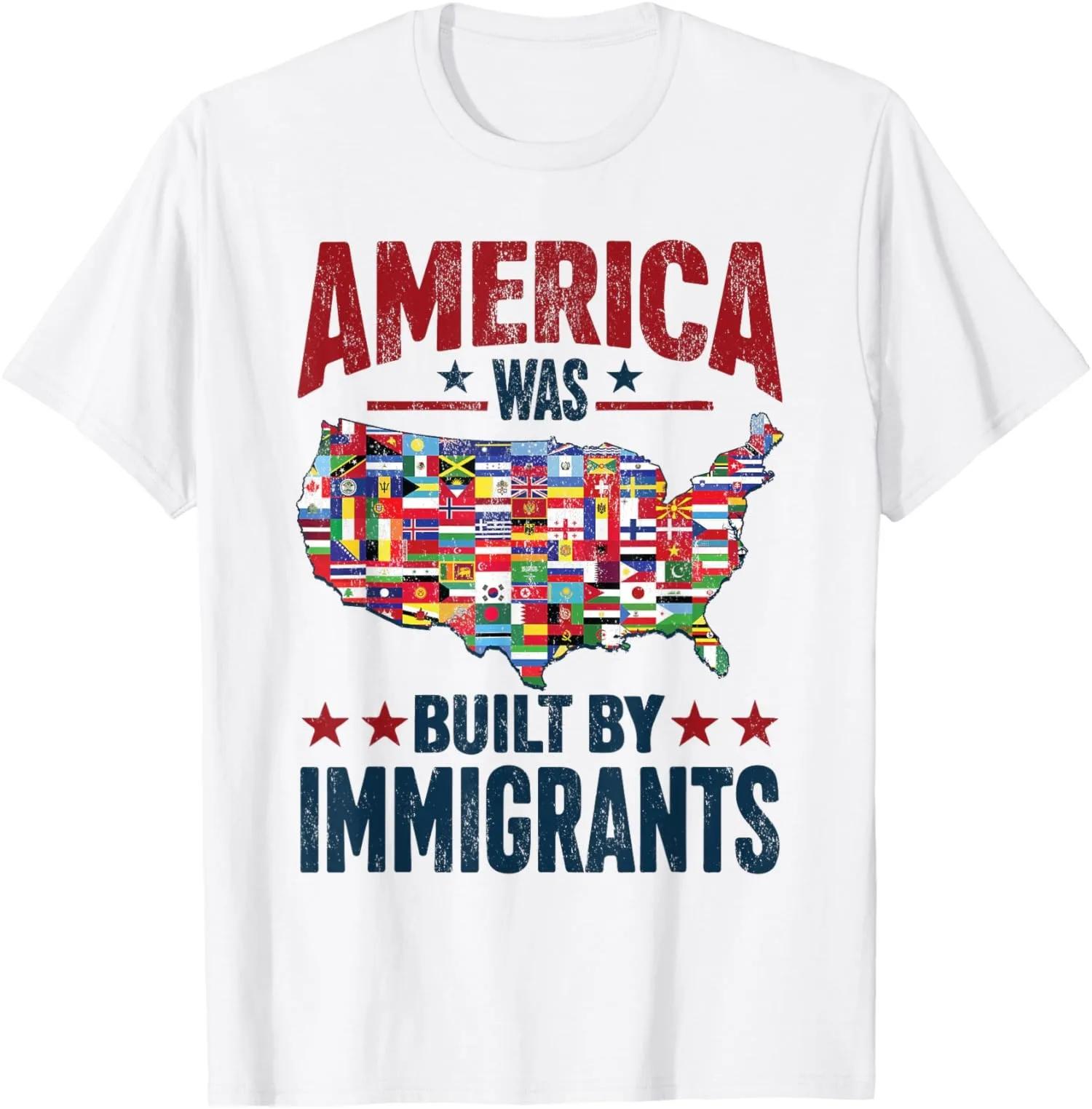 

Was Built by Immigrants USA Map Graphic Cotton Short Sleeve Crew Neck TShirt S