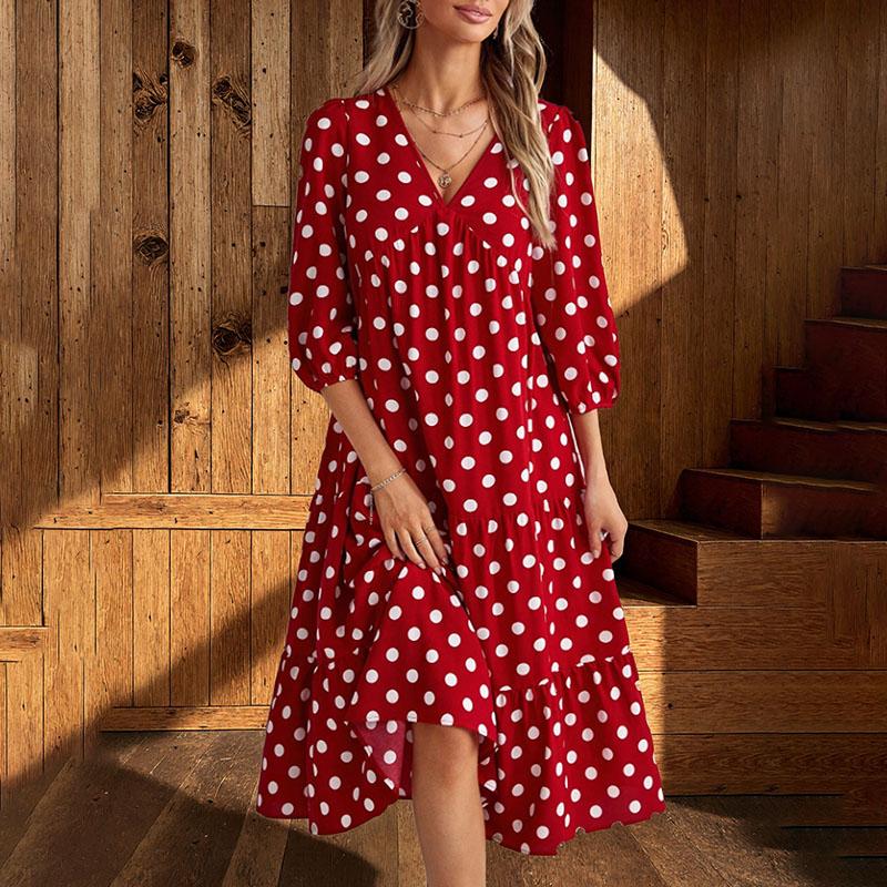Polka Dot Printed V-Neck Dress Puff Sleeve High Waist Ruffle Tiered French Vintage Midi Dress