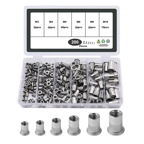 Menetop Rivet Nuts, 200 Pieces, Steel Alloy Riveter, M3 M4 M5 M6 M8 M10 Hollow Rivets for Cars, Machinery, Jigs, and Repairs