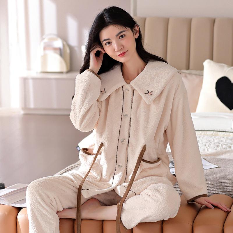 Autumn and winter pajamas women's coral fleece fleece warm simple casual carved flannel outerwear loungewear suit winter