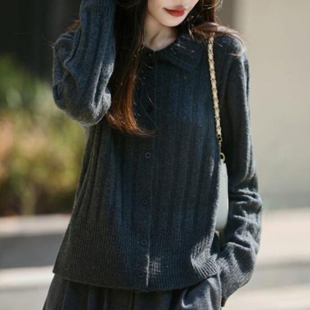 Navava Women Soft Ribbed Plain Basic Collar Long Sleeve Knit Cardigan Nk3342
