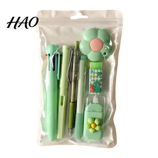 Portable Storage Stationery Case 7PCS Set, Macaron Color Gel Pens/Correction Tape/Cutter/Eraser Include, Learning Supplies Office Records with