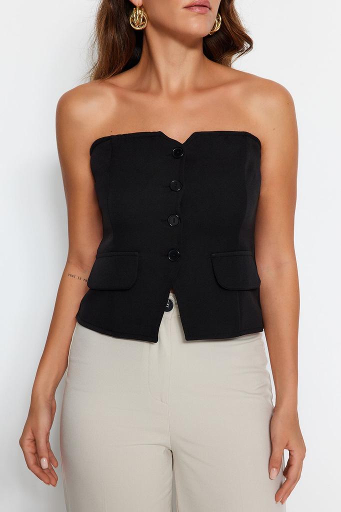 Women's Fashion Black Slim Fit Strapless Woven Vest