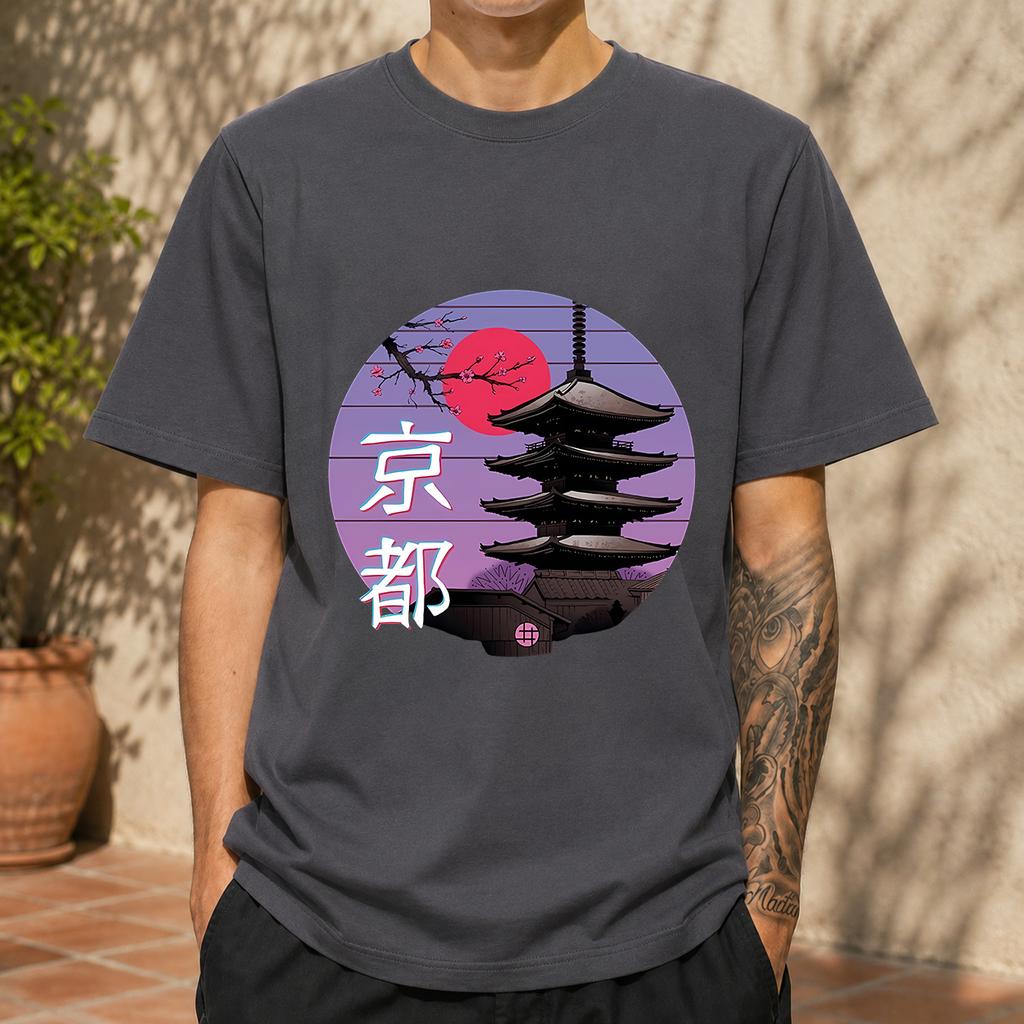 2026 New Cotton Tshirt Japanese Kyoto Fivestory Pagoda Cherry Blossom Sunset Retro Japanese Style Printed Round Neck Top Casua