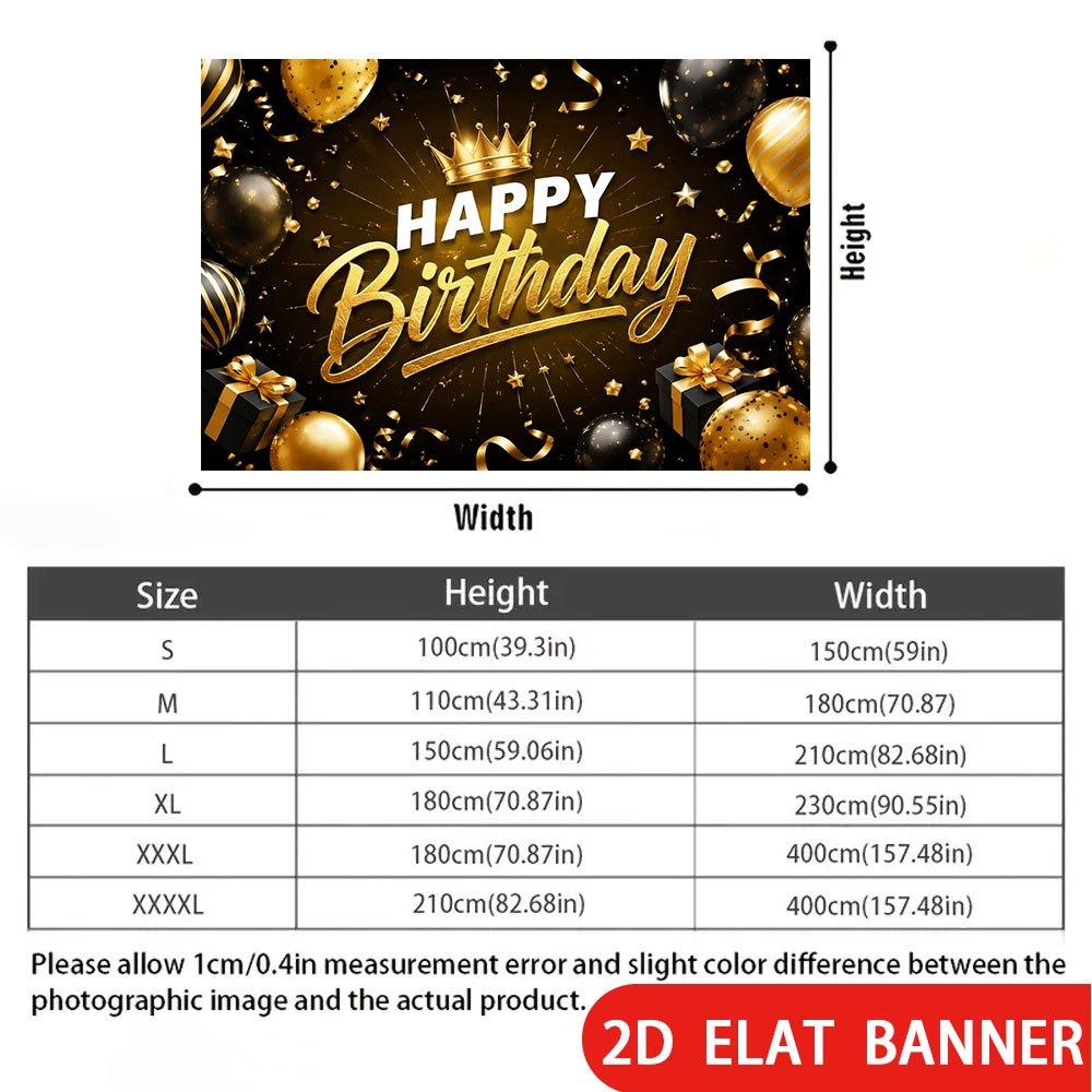 2D Flat Banner, Black and Golden Backdrop, Crowns, Balloons, Gift Boxes, Stars, Birthday Wedding Decoration