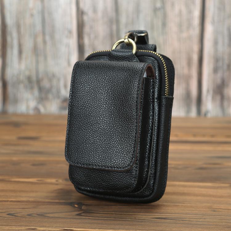 Head layer Crazy Horse Skin Waist Bag, Genuine Leather, Foreign Trade Men's 6-inch Mobile Phone Bag, External Hook, Wearing Belt, Small Waist Bag