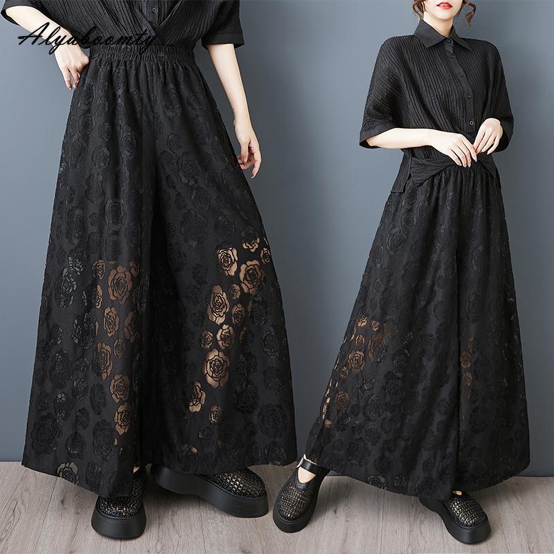 Korean Fashion Plus Size Spring Summer Women Wide Leg Pants Elastic Waist Rose Print Mesh Baggy Capris Casual Loose Black Lace Trousers