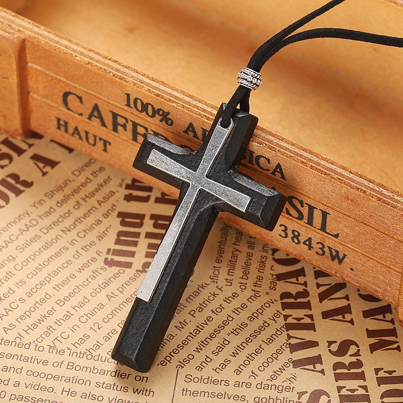 Mode Kruis Houten Hanger Mannen en Vrouwen Ketting Zwart Bruin Trui Ketting Touw Religieus Neutraal Sieraden AccessoiresGoed product