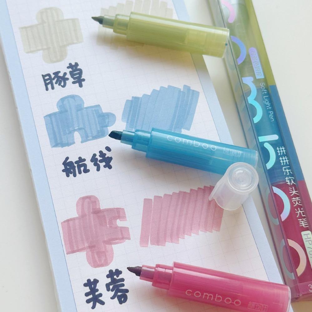 Portable 3 Colors In 1 Comboo Highlighter Pen Mild Colors Note Taking Fluorescent Marker Pen Soft Tip Marker Pens Set Study