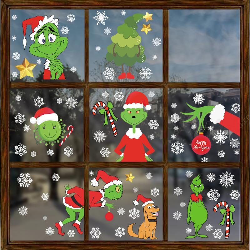 Green Christmas Character Electrostatic Stickers, Decorative Glass Window Stickers, Window Display Atmosphere Stickers