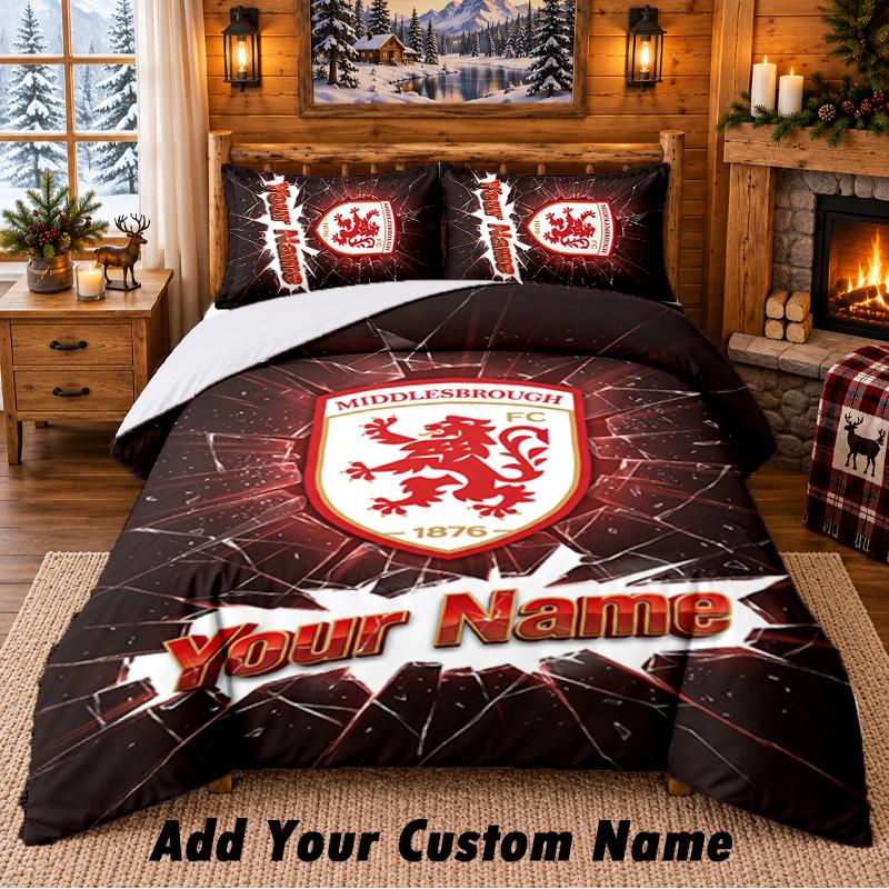 Middlesbrough FC Pattern Bedding 3Pcs Set Custom Name, Bed Sheet And Pillowcases For Home Bedroom