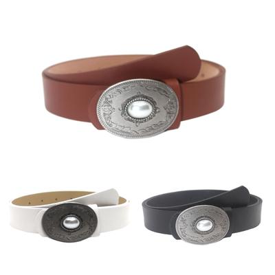 Vintage Pin Buckle PU Belt for Women Cool Subculture Oval Pearl Inlaid Buckle Belt Waistband for Teens Girls Accessory