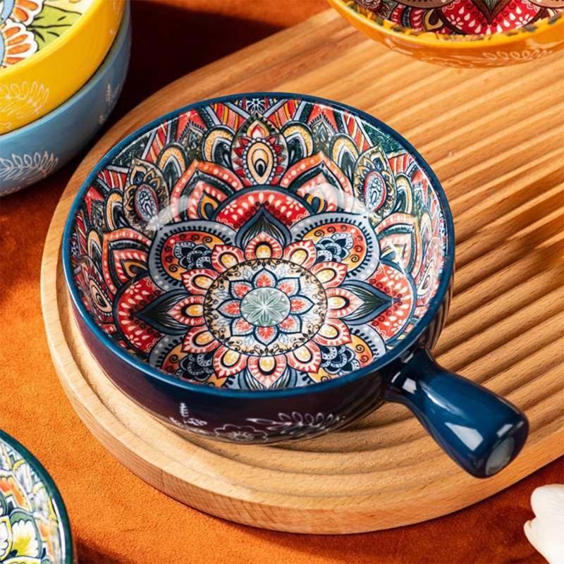 Bohemians Ceramic Handled Soup Bowl Serving Bowl Suitable for Oven and Microwave Safe Use Easy Cleaning Dishwasher Safe