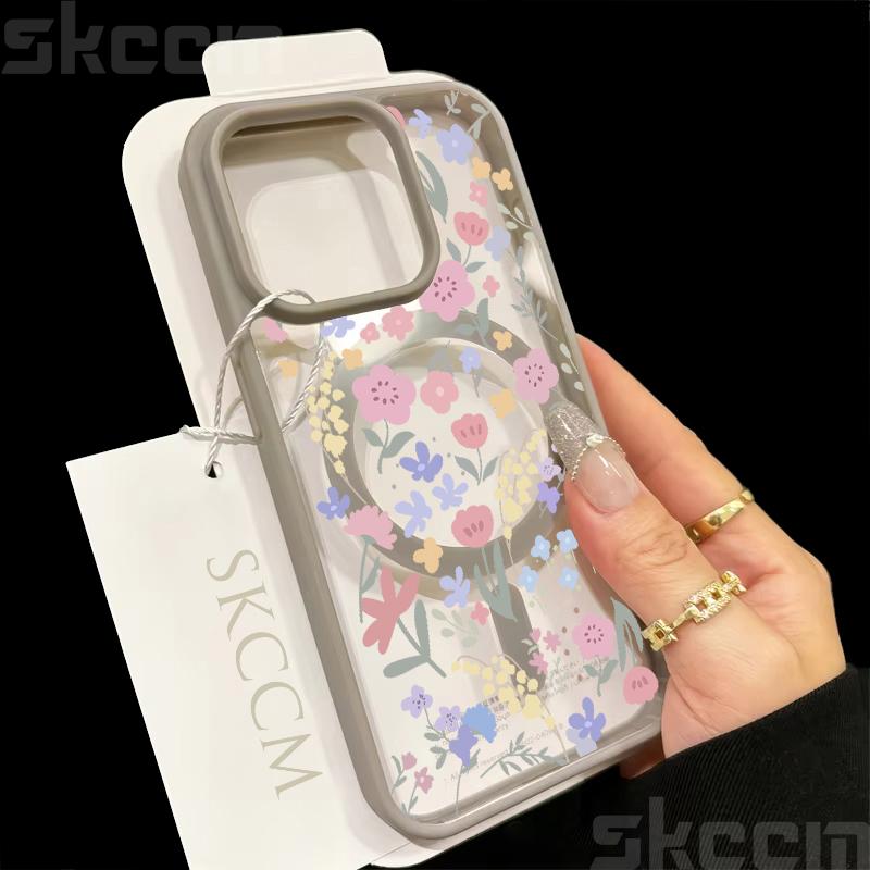 Niedliche Handyhülle mit Blumenmuster für iPhone 16 15 14 Pro Max 11 12 13 Pro 16E XS X XR Matt Magsafe Magnetische Drahtlose Ladeabdeckung