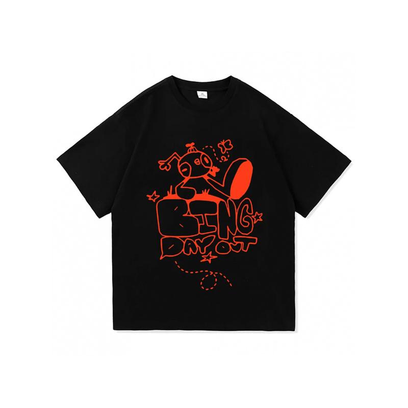 Women' & Unisex Oversized/Loose Fit Cotton T-Shirt - Game Peak Bing Day Out Hot Transfer Geometric Print Streetwear Tee, Casual Short Sleeve Round