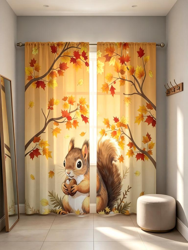 2PCS Digital Print Sheer Curtain, Autumn Forest Squirrel, Fall Woodland Animal - Voile Drapes for Bedroom Living Room Decor