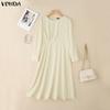 VONDA Elegant Women Round Neck Long Sleeve Side Ruffled Casual A-line Dress