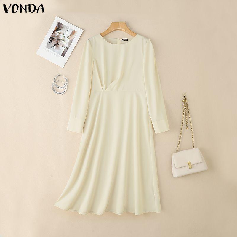 

VONDA Элегантное женское платье А-силуэта с круглым вырезом, длинными рукавами и боковыми оборками для повседневной носки 5XL абрикосовый