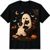 Cute Ghost Black Cat Coffee Halloween Shirt Cozy Cottagecore Spooky Fall Tee