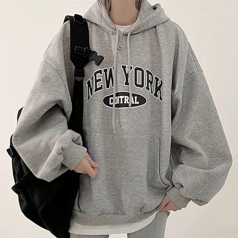 

South Korea Chic Spring & Fall Retro Elegant Hoodie with Drawstrings Casual Design Loose Easiest for Match Long Sleeves Letter Print Sweatshirt Dark gray M