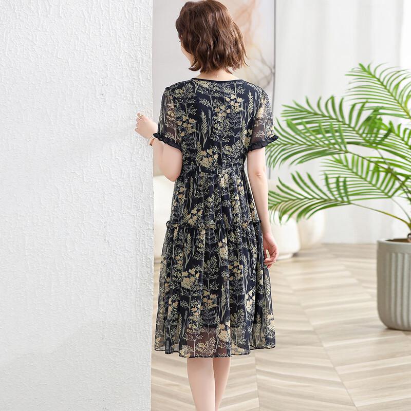 Women's Chiffon Floral Short-Sleeve Midi Dress
