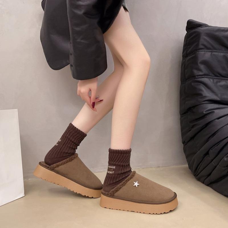 Fashion Women's Fashion Baotou Slippers Winter New Round Head Suede Deep Mouth Thick Sole Anti-slip Wear-resistant Flat Cotton Shoes