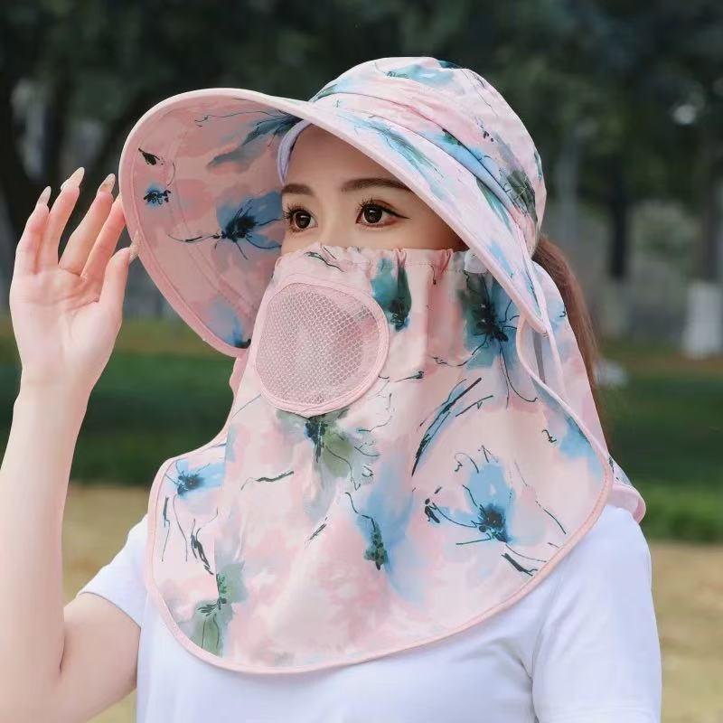 Women's Summer Wide Brim UV Protection Hat with Neck Shawl and Ponytail Tie