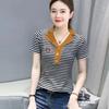 Pure Polo Shirt, Short-sleeved T-shirt, Women's Striped New Half-open Collar Contrasting Color Slim and Versatile Top