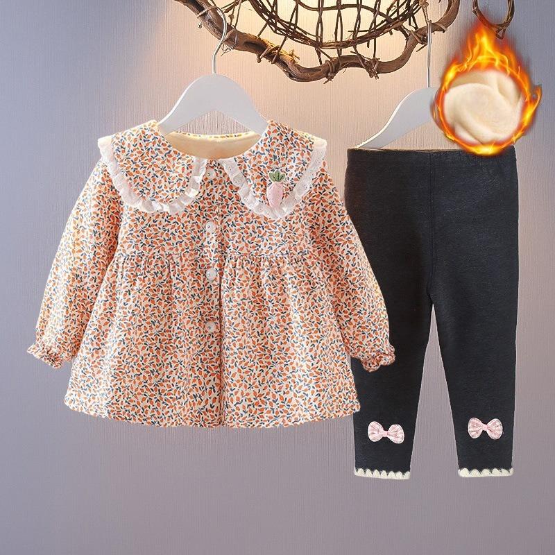 Girls' Autumn and Winter Style Suit Plus Velvet Floral Skirt for Baby Girl Two-piece Set Thickened Infant and Toddler Coat