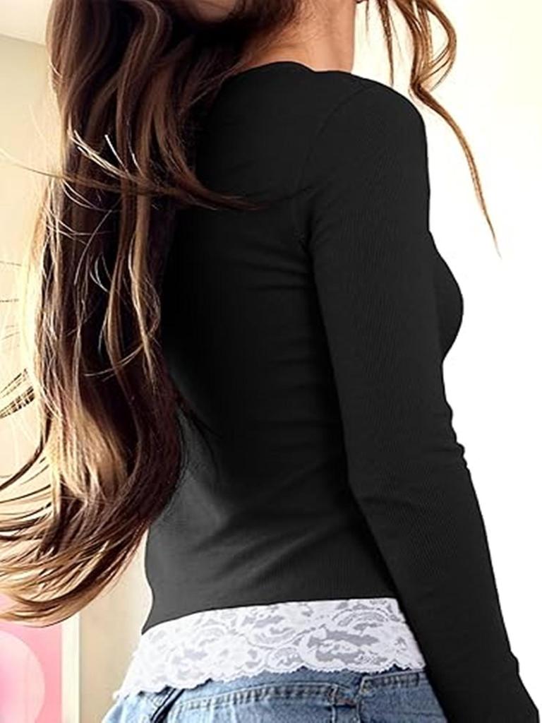 2025 Versatile V-neck Button Ribbed Lace Patchwork Long Sleeve Women's Top