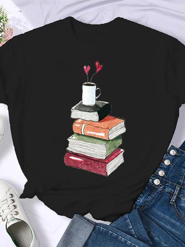 Woman Plus Size Round Neck Half Sleeve T-shirt Printed T-shirt Top New T Shirt Coffee Books Brown Books American Retro T-shirt