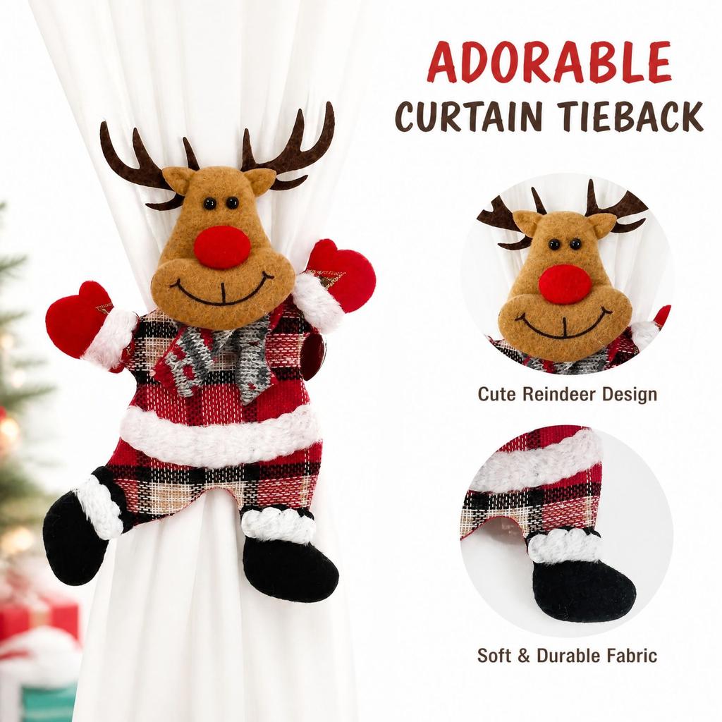 Christmas Curtain Clips and Tiebacks with Bear Snowman Christmas Tree Designs for Holiday Window Decor