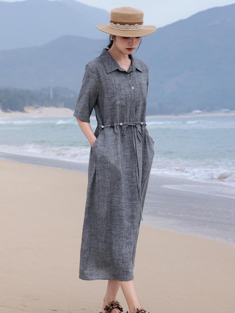 Elegant Summer Linen A-line Dress for Women - Fried Color Lapel, Lyocell Belted, Shirt Style