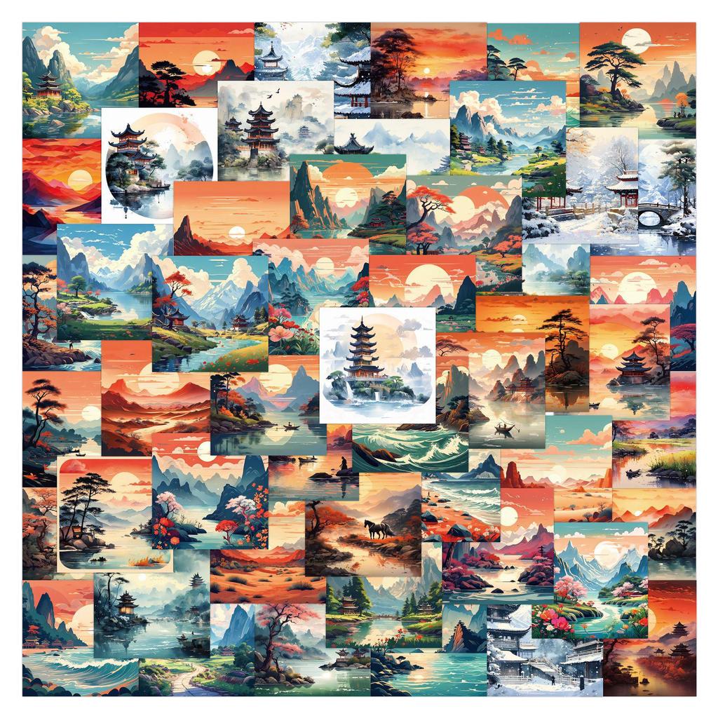 60-Piece Elegant Scenery Waterproof Stickers for Skateboards and Water Bottles