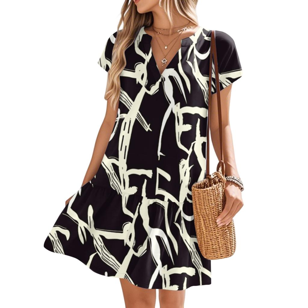 Women's Dresses Short Sleeve V-Neck Floral Printed Loose Casual Temperament Beach Dresses