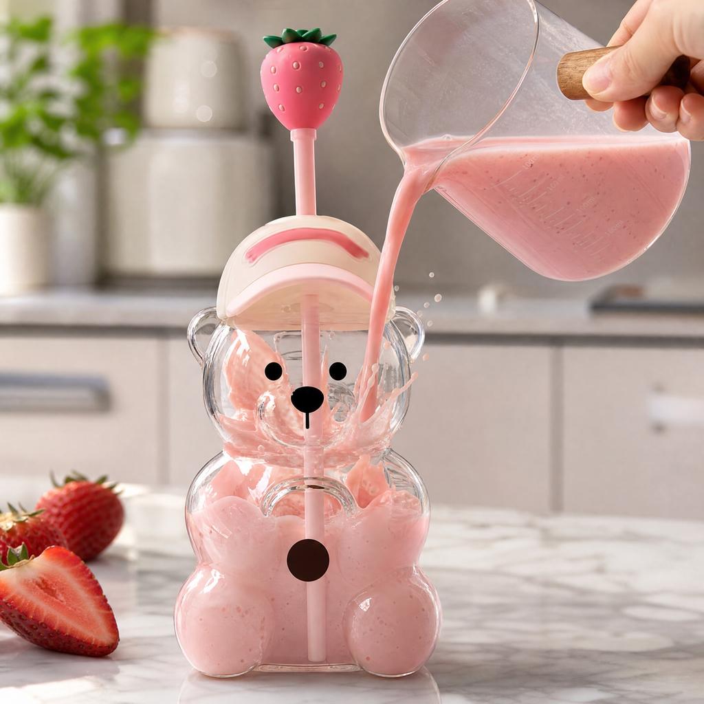 Borosilicate Glass Straw Cup with Bear Design - Reusable Drinking Glass for and Tea