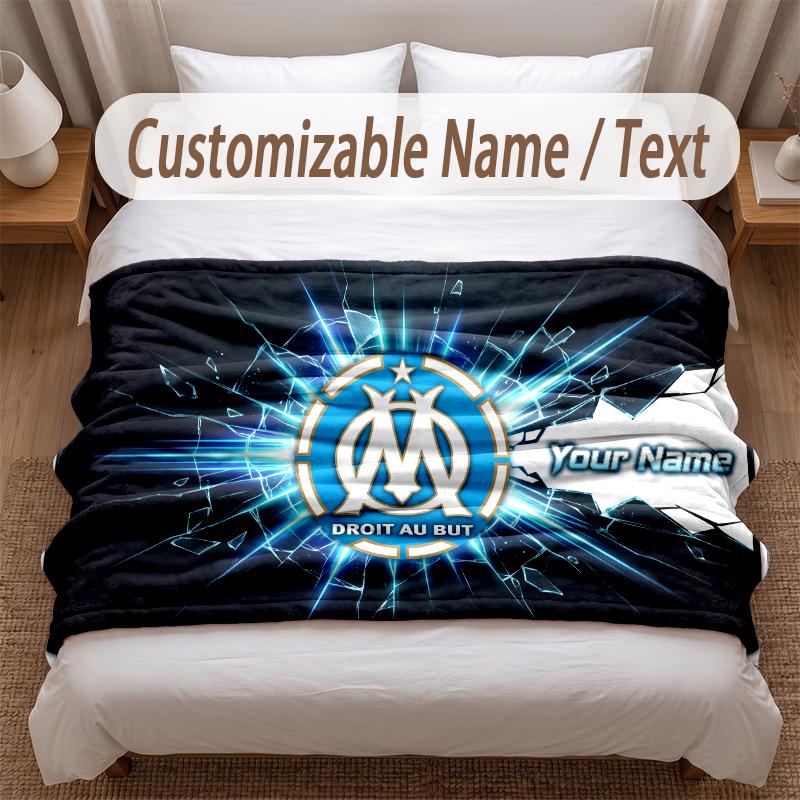 Olympique Marseille FC Printed Flannel Blanket Custom Name Text Soft Warm Throw For Bedroom Holiday Gift
