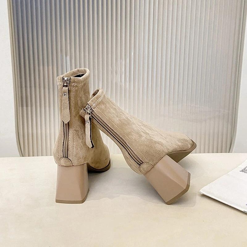 New Fashion Pointed Toe Suede Single Boots Temperament Block Heel Fashion Boots Booties Women