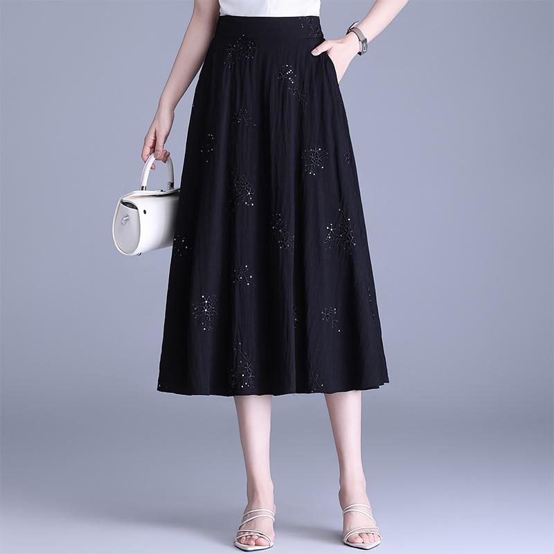 Women s Spring 2026 Retro High-Waist Sequin Embroidered A-Line Long Black Skirt XL чёрный